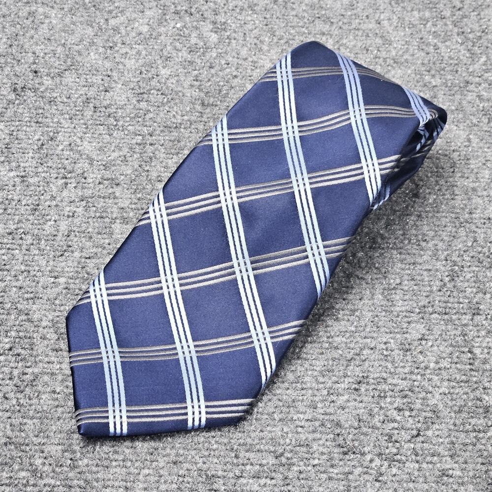 Bugatti Neck Tie Blue Diamond Plaid Pattern 100% Silk‎ Navy White Band Stripes